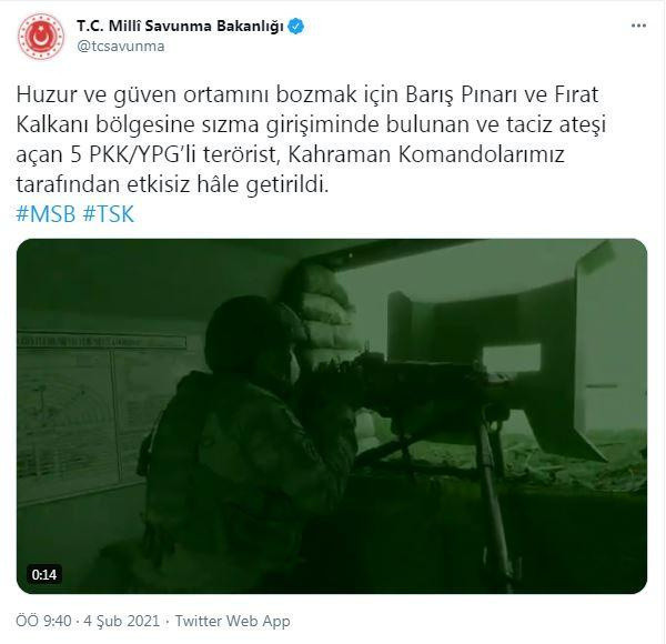 Milli Savunma Bakanlığı: 5 PKK/YPG'li terörist etkisiz hale getirildi - Resim: 0