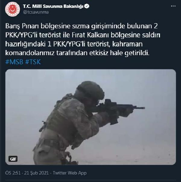 Barış Pınarı bölgesinde 2, Fırat Kalkanı bölgesinde 1 terörist etkisiz hale getirildi - Resim: 0