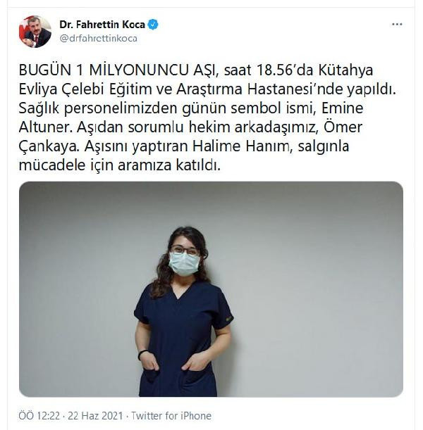 Bakan Fahrettin Koca paylaştı! İşte 1 milyonuncu aşıyı yapan Emine hemşire - Resim: 0