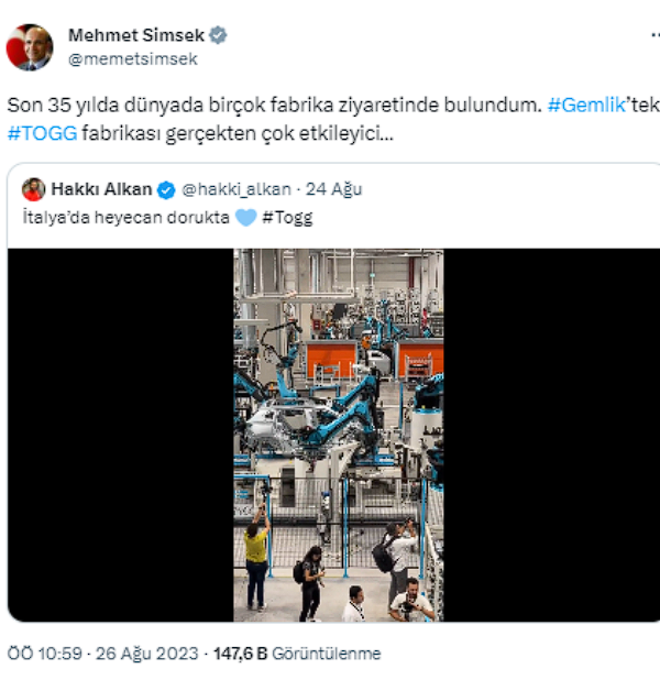 Bakan Mehmet Şimşek'ten Togg fabrikasıyla ilgili yorum: Çok etkileyici - Resim: 0