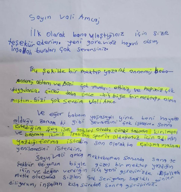 Ordu Valisi Tuncay Sonel'e mektup yazdı! Yetim çocuğun isteği yerine getirildi - Resim: 1