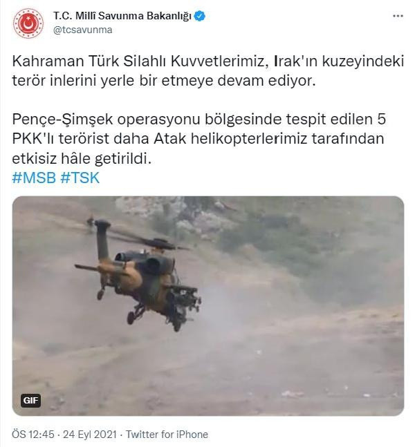 MSB: Irak'ın kuzeyinde 5 PKK'lı terörist etkisiz hale getirildi - Resim: 0