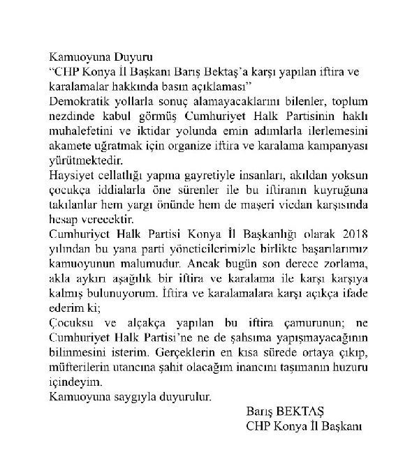 CHP Konya İl Başkanı Barış Bektaş'tan "taciz" iddiasına yanıt - Resim: 0