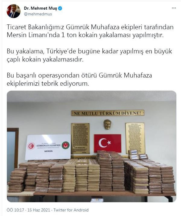 Ticaret Bakanı Mehmet Muş: Mersin Limanı'nda 1 ton kokain yakalandı - Resim: 0