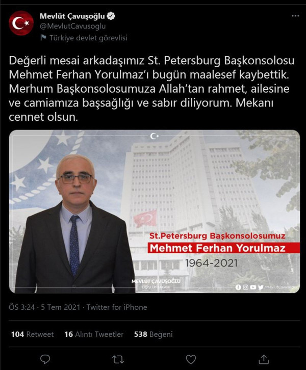 Mevlüt Çavuşoğlu acı haberi duyurdu! Mehmet Ferhan Yorulmaz hayatını kaybetti işte ölüm sebebi - Resim: 0