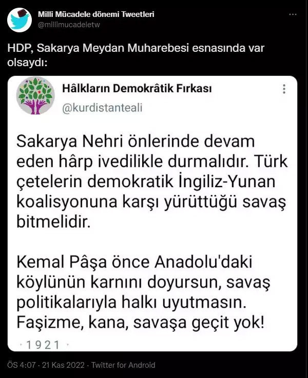 "Milli Mücadele döneminde Twitter olsaydı" En bomba HDP'nin tweeti - Resim: 0