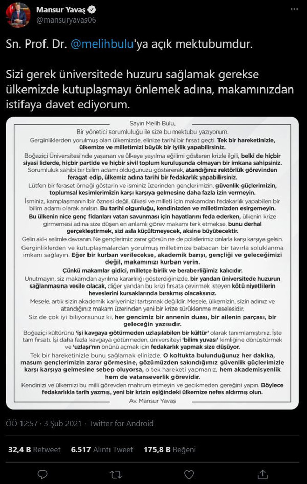 Mansur Yavaş'tan Boğaziçi Üniversitesi Rektörü Melih Bulu'ya mektup: Makamınızı kurban verin - Resim: 0