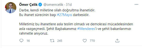 AK Parti Sözcüsü Ömer Çelik'ten "27 Mayıs" mesajı: Darbe, kendi milletine silah doğrultma ihanetidir - Resim: 0