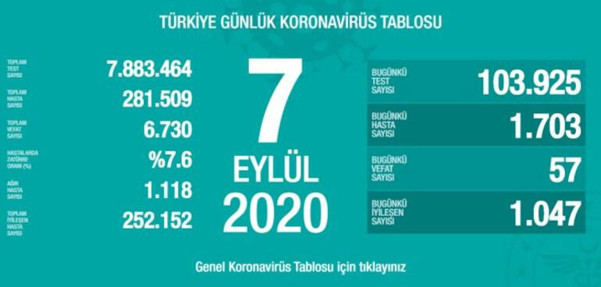 Türkiye'deki corona virüsü vaka ve ölü sayısında son durum (8 Eylül 2020) - Resim: 1