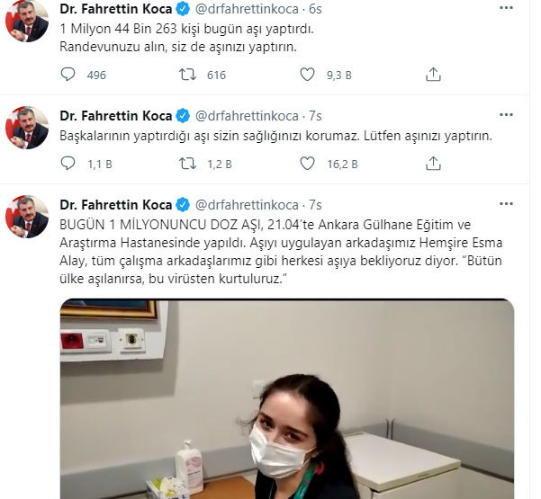 Sağlık Bakanı Fahrettin Koca:  1 milyon 44 bin 263 kişi bugün aşı yaptırdı - Resim: 0