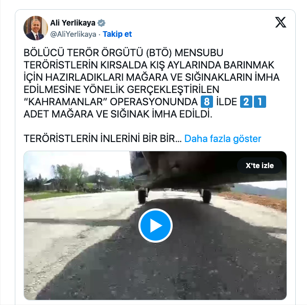 Ali Yerlikaya: 'Kahramanlar” Operasyonunda 8 ilde 21 adet mağara ve sığınak imha edildi' - Resim: 0