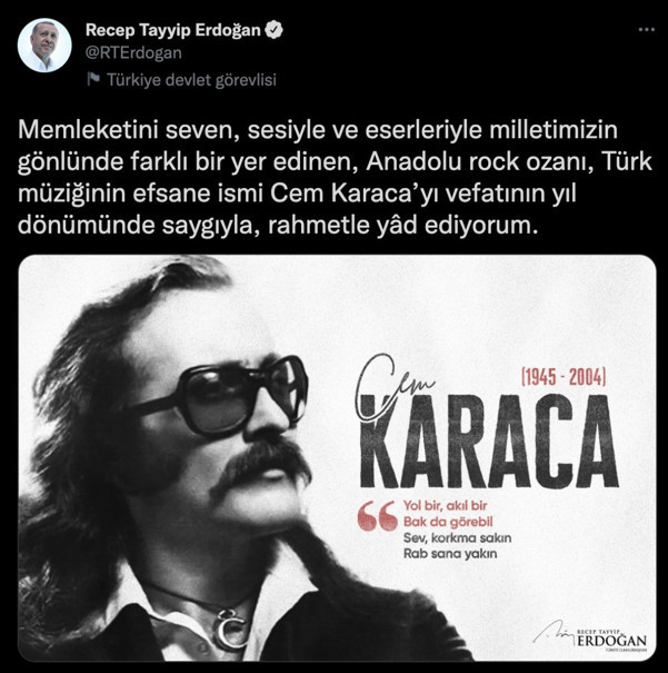 Cumhurbaşkanı Erdoğan, Cem Karaca'yı ölüm yıl dönümünde andı - Resim: 0