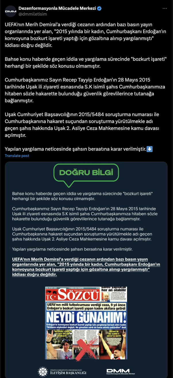 "2015'te bir kadın, Cumhurbaşkanı Erdoğan'ın konvoyuna bozkurt işareti yaptığı için yargılanmıştı" iddiası yalanlandı - Resim: 0