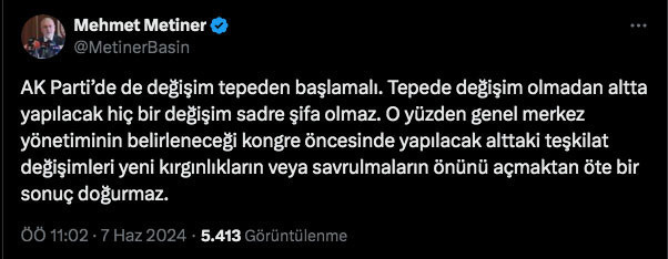 AK Partili Mehmet Metiner'den değişim çıkışı: Tepeden başlamalı - Resim: 0
