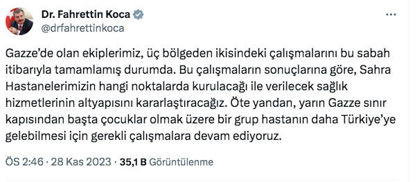 Türkiye Gazze'ye sahra hastaneleri kuruyor Yeni hastalar Türkiye yolunda Fahrettin Koca açıkladı - Resim: 0