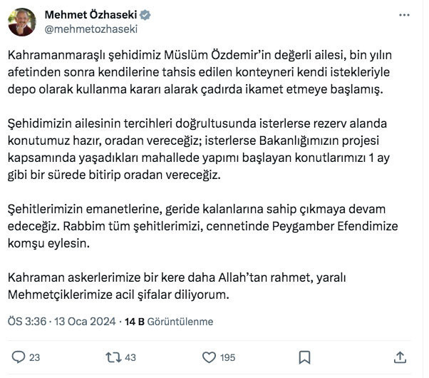 Bakan Mehmet Özhaseki'den 'şehit ailesi çadırda kalıyor' iddialarına cevap - Resim: 0