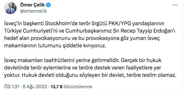 Ömer Çelik'ten Türkiye ve Erdoğan'ı hedef alan PKK yandaşlarına göz yuman İsveç'e tepki - Resim: 0