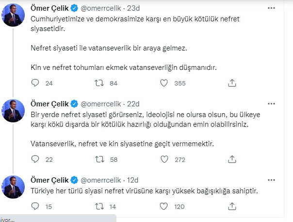 Ömer Çelik'ten dikkat çeken paylaşım: En büyük kötülük nefret siyasetidir - Resim: 0