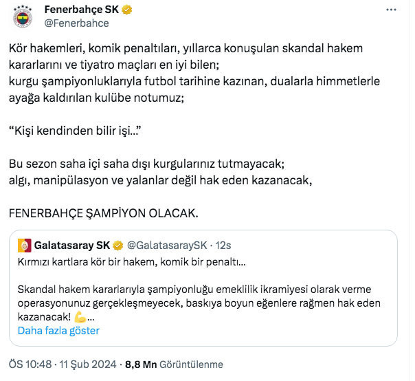 Fenerbahçe'den Galatasaray'a sert yanıt: Himmetlerle ayağa kaldırılan kulübe notumuz; Kişi kendinden bilir işi - Resim: 0