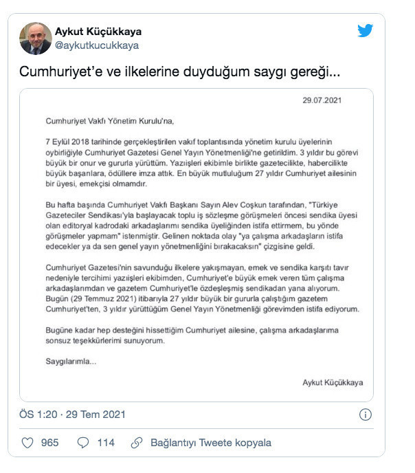 Cumhuriyet Gazetesi Genel Yayın Yönetmeni Aykut Küçükkaya istifa etti - Resim: 0