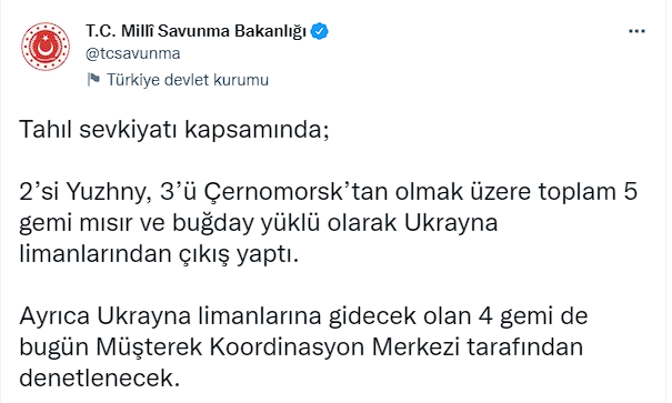 Bakanlık açıkladı; 5 tahıl gemisi Ukrayna'dan yola çıktı - Resim: 0