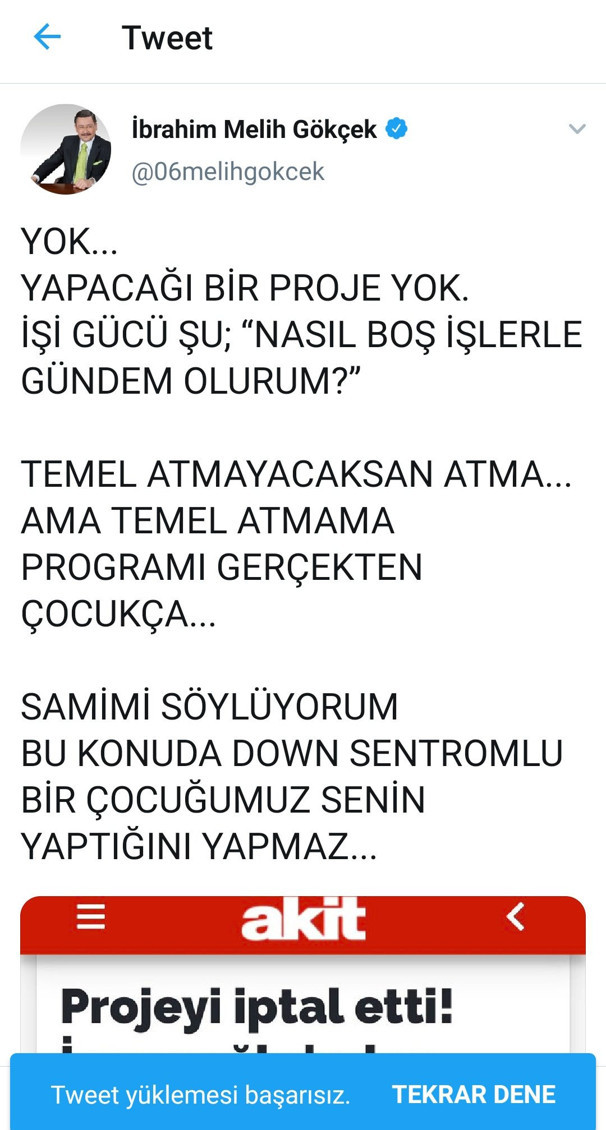 Melih Gökçek İmamoğlu'nu bombaladığı tvitin sonundaki cümlesini hemen sildi - Resim: 0