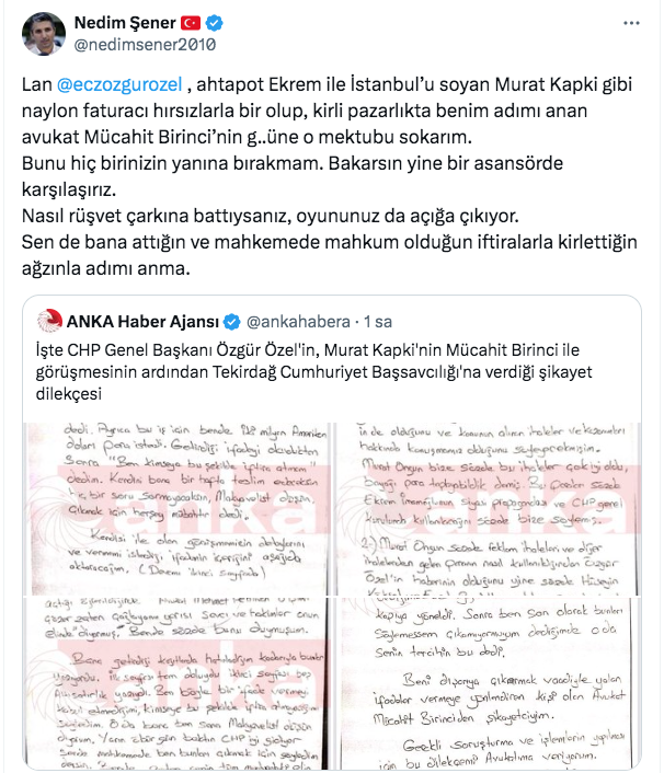 Özgür Özel açıkladı, Nedim Şener-Mücahit Birinci biririne girdi: Mektubu g.... sokarım - Resim: 0