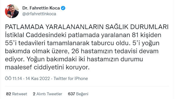 Taksim'deki saldırıda yaralananların son durumu! Bakan Koca açıkladı - Resim: 0