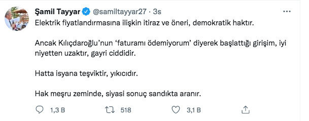 Kılıçdaroğlu'nun fatura çıkışına Şamil Tayyar'dan sert tepki: İsyana teşviktir yıkıcıdır - Resim: 0