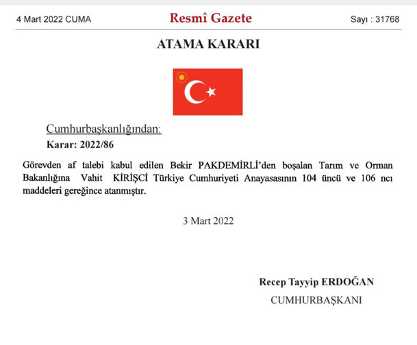 Tarım ve Orman Bakanı Bekir Pakdemirli istifa etti, yerine Vahit Kirişci atandı - Resim: 2