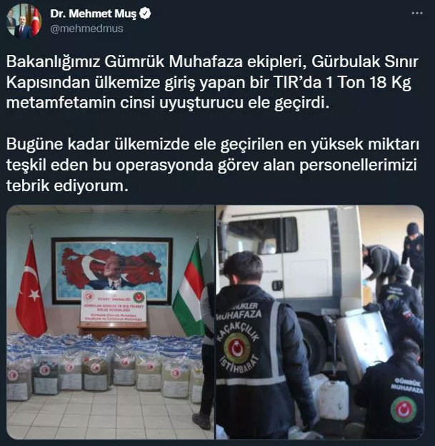 Bakan Muş duyurdu: Bir TIR’da 1 ton 18 kilo metamfetamin ele geçirildi - Resim: 0