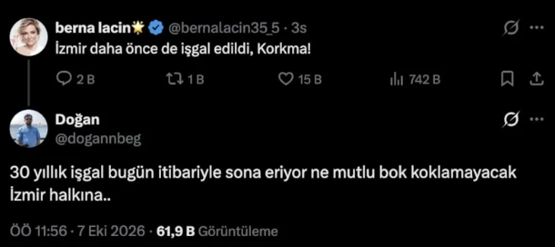 Berna Laçin'e böyle cevap verdi: 'Ne mutlu b.k koklamayacak İzmir halkına' - Resim: 0