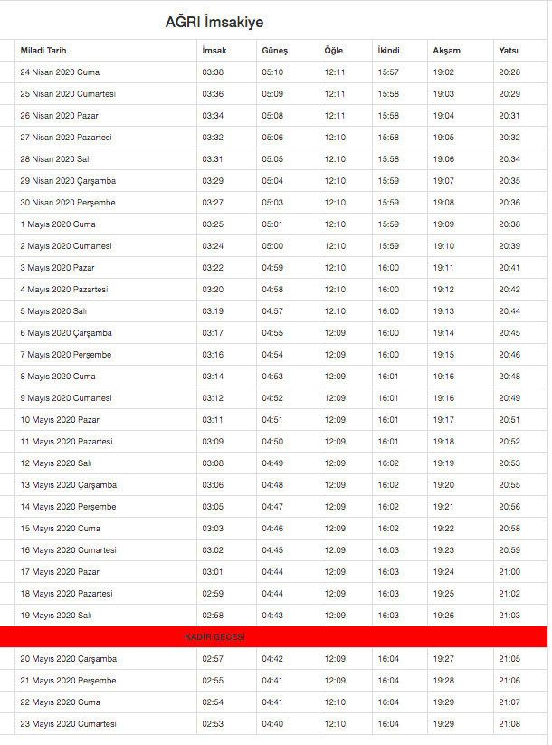 ağrı imsakiyesi 2020