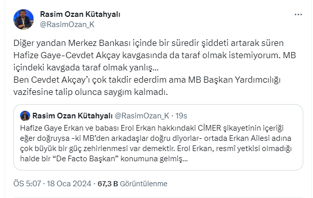 Rasim Ozan Kütahyalı iddiası! "Merkez Bankası içinde Hafize Gaye-Cevdet Akçay kavgası var" - Resim: 1