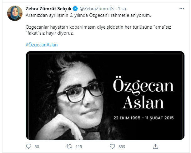 Aile, Çalışma ve Sosyal Hizmetler Bakanı Zehra Zümrüt Selçuk Özgecan Aslan'ı andı - Resim: 0