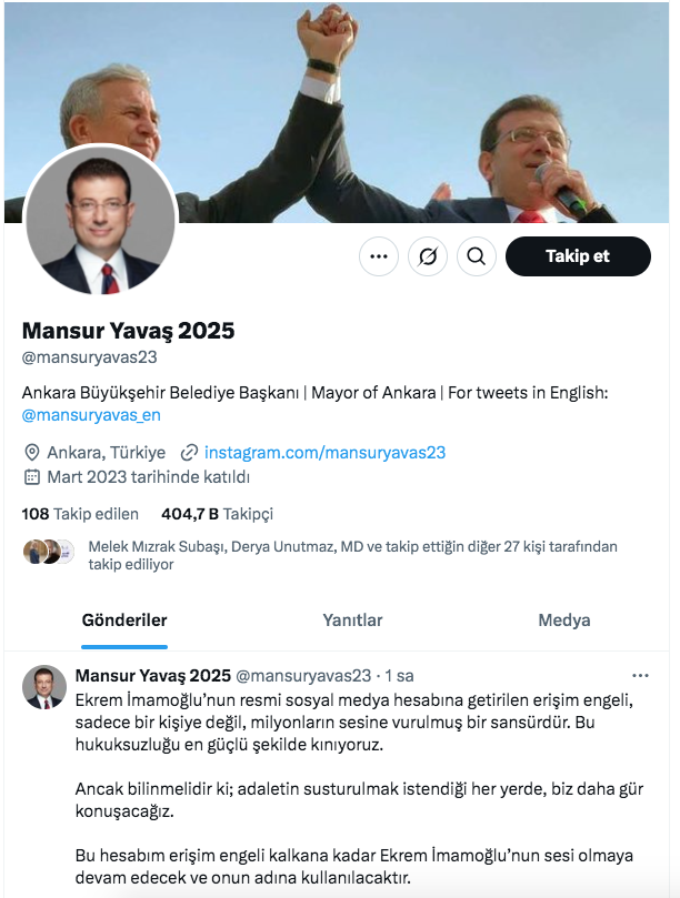 Ekrem İmamoğlu'nun X hesabına erişim engeli! Mansur Yavaş'tan bomba hamle - Resim: 1