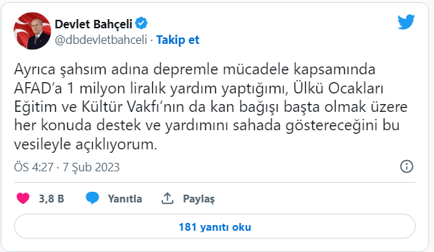MHP Lideri Devlet Bahçeli, depremzedeler için AFAD'a bağış yaptı - Resim: 0