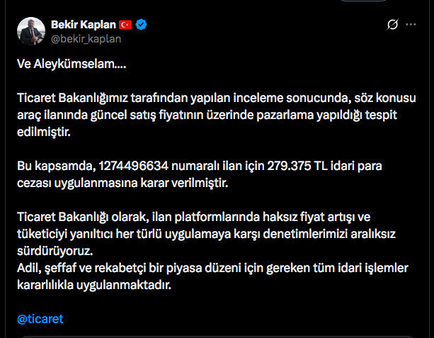 İlana koyduğu arabaya 280 bin lira fazla istedi selam yolladığı Bakanlıktan yanıt geldi - Resim: 0