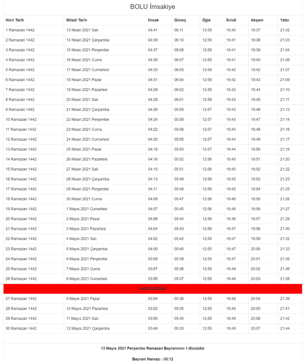 bolu imsakiye