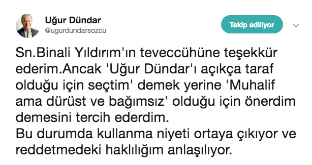 Uğur Dündar'dan Binali Yıldırım açıklaması : 'Niyeti ortaya çıktı' - Resim: 0