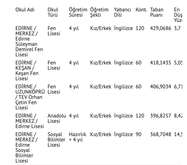 Edirne lise taban puanları 2021 Edine liseleri yüzdelik dilim tablosu - Resim: 1