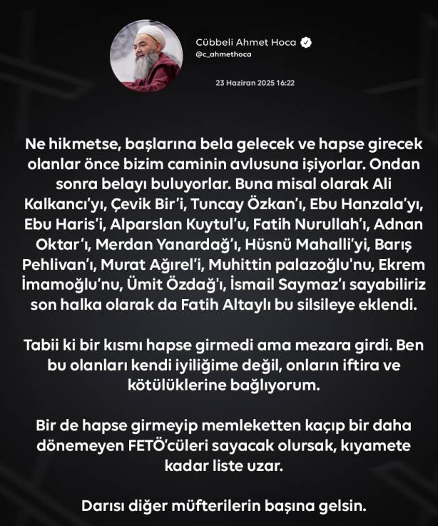 Fatih Altaylı için eski program konuğu Cübbeli Ahmet'ten olay twit - Resim: 0