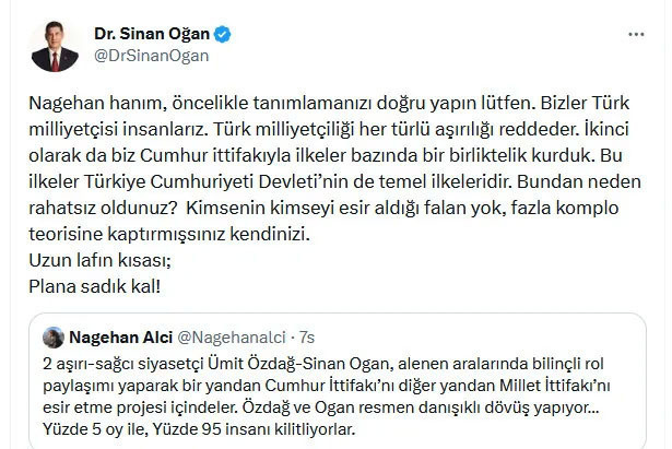 Sinan Oğan'dan Nagehan Alçıya cevap: Kendinizi fazla kaptırmışsınız - Resim: 0
