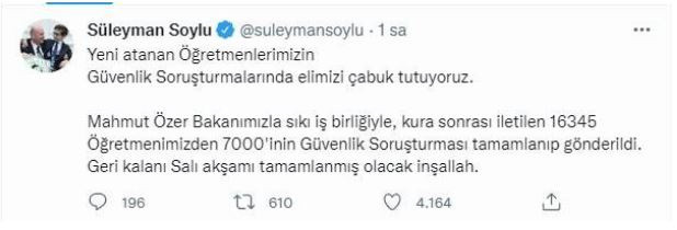 Bakan Soylu açıkladı: 7 bin öğretmenin güvenlik soruşturması tamamlandı - Resim: 0