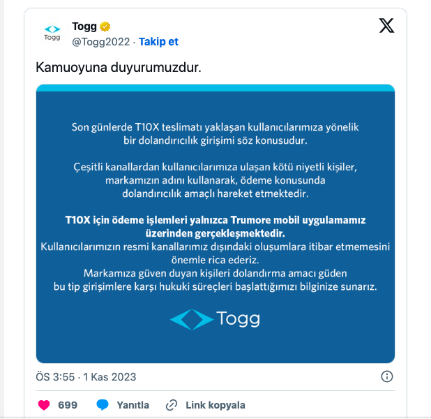 Dikkat! Togg'dan 'dolandırıcılık' uyarısı geldi: "Son günlerde..." - Resim: 0