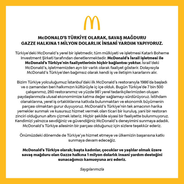 McDonald’s Türkiye’den Gazze’ye 1 milyon dolarlık insani yardım - Resim: 0