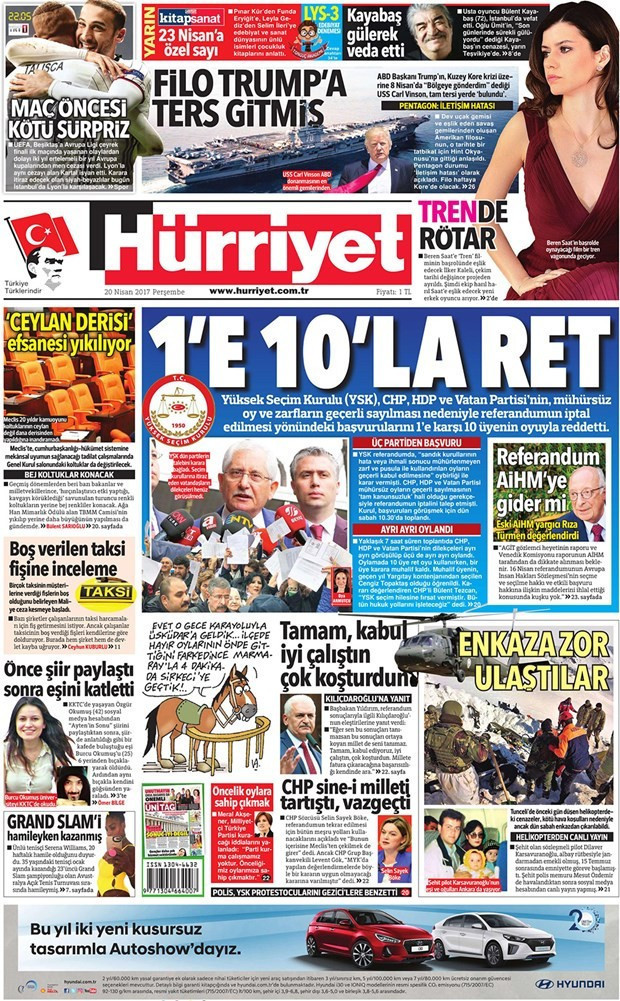 Gazete manşetleri Hürriyet - Sözcü - Habertürk 20 Nisan 2017 - Resim: 1
