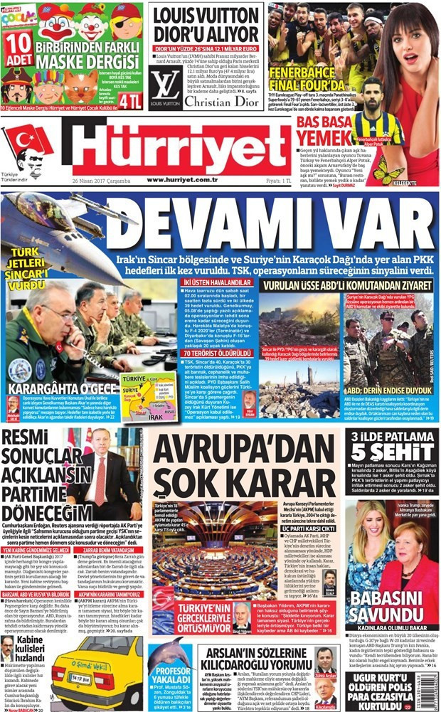 Gazete manşetleri Sözcü - Hürriyet - Milliyet 26 Nisan 2017 - Resim: 1
