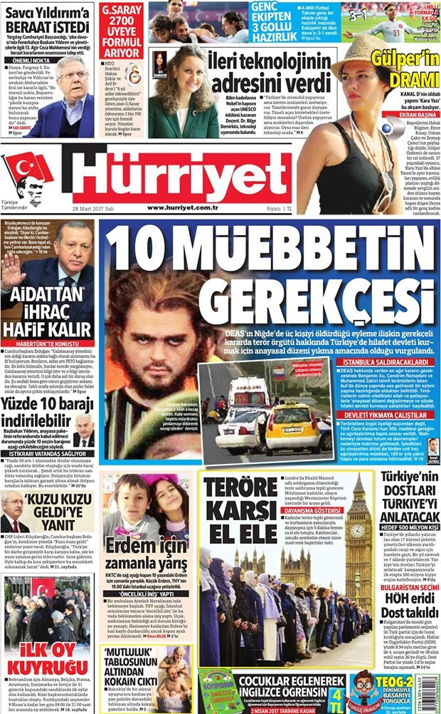 Gazete manşetleri Milliyet - Sözcü - Hürriyet 28 Mart 2017 - Resim: 1
