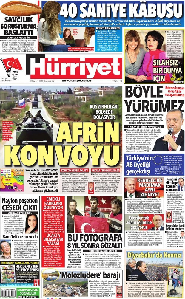 Gazete manşetleri Milliyet - Sözcü - Hürriyet  22 Mart 2017 - Resim: 1